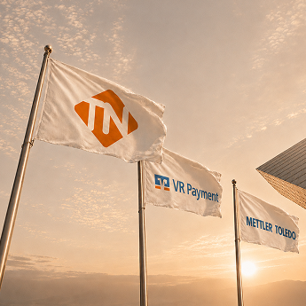 Flaggen als Symbole für Telenorma-Strategiepartner, darunter VR Payment und Mettler Toledo